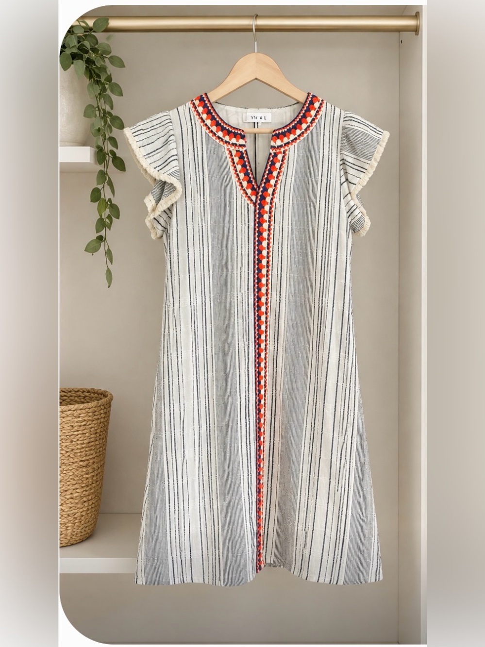 THML Boutique Striped Midi Dress with Red & Navy Trim Small